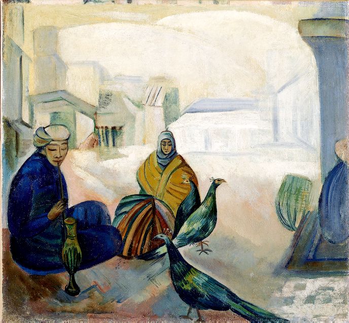 Kuznetsov Bird Market: <b>Pavel Varfolomeievich Kuznetsov (1878-1968)</b>    The Bird Market  oil on canvas    <i>55 by 59cm.</i>    Provenance:    Bought by the grandfather of the previous owner in St. Petersburg or Berlin in the 1920s.    The theme of the bird market occupies an important place in Kuznetsovs work. A number of versions exist; see for instance: D. Sarabyanov et al., Pavel Kuznetsov, Moscow 1975, plate 39, which isin the Russian Museum in St. Petersburg, and has also been reproduced in the recent catalogue Russian Avant Garde from the collection of the Russian Museum, St. Petersburg 1998, page 122.    Kuznetsovs themes of Samarkand and Bukhara were a search for simplicity of colour and line reminiscent of Matisses voyage to Morocco. Tones of silver and blue predominate, and contribute to a mood of calm detachment.   