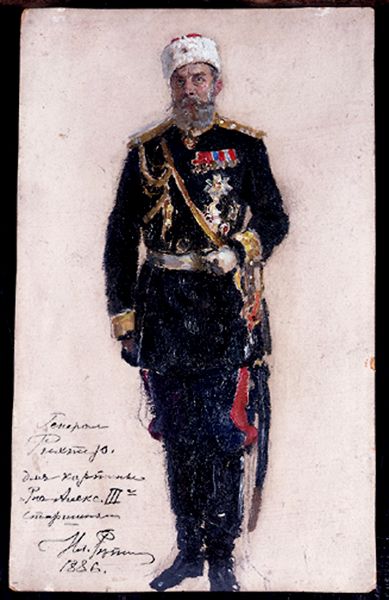 Repin General Richter: <b>Ilia Efimovich Repin (1844-1930)</b>    Study for the figure of General Richter for the massive painting of the Coronation speech of Alexander III, now in the Tretyakov Gallery    signed, inscribed and dated 1886, oil on paper      Born in Chuguyev in Little Russia (Ukraine). Received his first painting lessons from an icon painter and local artists. Studied at the Society for the Encouragement of the Arts in St. Petersburg under I. Kramskoi (1863), and then at the Imperial Academy (1864-71). Was awarded a scholarship by the Academy in 1873-6 to visit Italy and France. Became a Professor of the Academy and taught there (1894-1907). Also taught at Princess Tenishchevas studio. A Founding member of the Wanderers group of painters, and the greatest artist who subscribed to their ideals, of social realism and bringing art to the people. His canvases dominated the artistic scene during the 70s and 80s, and were massively influential during the Soviet period, when great importance was ascribed to his role in the evolution of a national school of painting, and as a forerunner of Soviet art. Died at his home of Penaty north of St. Petersburg, which after the revolution was on Finnish territory. A productive artist best known for his monumental canvases depicting everyday life: The Volga Barge Haulers, Religious Procession at Kursk  (both Russian Museum, St. Petersburg) etc. He was also a successful and prolific portrait painter.  
