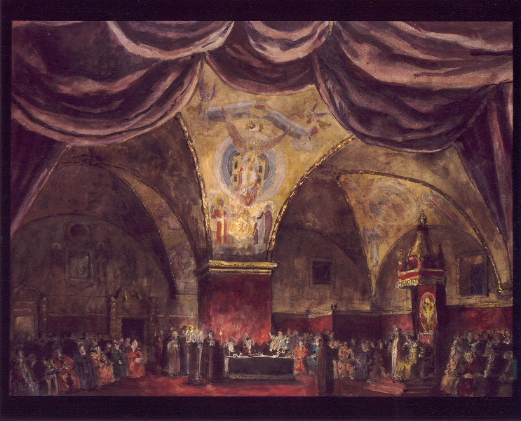Benois Interior Godunov 2: <b>Benois, Alexander Nikolaievich (1870-1960)</b>    Stage Design for the Opera Boris Godunov  watercolour and gouache over pencil, inscribed by the artist on the reverse  <i>approx. 34.5 by 47cm</i>.      Son of an architect, and one of the key figures of the World of Art movement. Theatrical designer, book illustrator, draughtsman, painter, and art historian, Alexander Benois was a man of many talents. Born into an artistic St. Petersburg family of French descent, he studied law at the university, while attending the Imperial Academy as an external student. Began to exhibit his watercolours in 1896. Visited Paris with his friends Somov and Bakst between 1896-99 in order to study western European art. Founded and organised the World of Art Movement which began as a club for friends from the Karl May gymnasium. They met once a week at the Benois family home to discuss the latest cultural events. Began to work as a theatrical designer from 1900, working with Diaghilev in Paris on Boris Godunov in 1907. Illustrated books of which Pushkins The Bronze Horseman (1904) is probably the best known. Curator in the Hermitage and for several of the newly nationalised Imperial Palaces from 1918 until his emigration to Paris in 1926, where he worked with the Comedie Française, and the Grande Opera. Produced designs in Milan for the Scala, and in London for the Royal Ballet. His book The Russian School of Painting (published in English, New York, 1916) remains one the best introductions to the subject.  