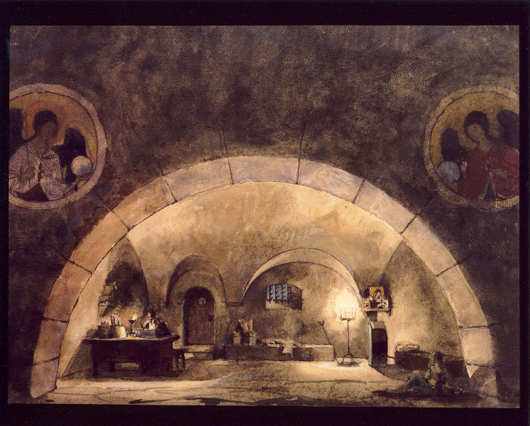 Benois Monk's Cell 2: <b>Benois, Alexander Nikolaievich (1870-1960)</b>    Stage Design for the Opera Boris Godunov  watercolour and gouache over pencil, inscribed by the artist on the reverse  <i>approx. 34.5 by 47cm</i>.      Son of an architect, and one of the key figures of the World of Art movement. Theatrical designer, book illustrator, draughtsman, painter, and art historian, Alexander Benois was a man of many talents. Born into an artistic St. Petersburg family of French descent, he studied law at the university, while attending the Imperial Academy as an external student. Began to exhibit his watercolours in 1896. Visited Paris with his friends Somov and Bakst between 1896-99 in order to study western European art. Founded and organised the World of Art Movement which began as a club for friends from the Karl May gymnasium. They met once a week at the Benois family home to discuss the latest cultural events. Began to work as a theatrical designer from 1900, working with Diaghilev in Paris on Boris Godunov in 1907. Illustrated books of which Pushkins The Bronze Horseman (1904) is probably the best known. Curator in the Hermitage and for several of the newly nationalised Imperial Palaces from 1918 until his emigration to Paris in 1926, where he worked with the Comedie Française, and the Grande Opera. Produced designs in Milan for the Scala, and in London for the Royal Ballet. His book The Russian School of Painting (published in English, New York, 1916) remains one the best introductions to the subject.  