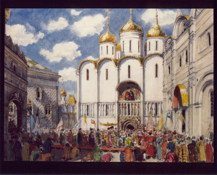 Benois Kremlin Godunov 2: <b>Benois, Alexander Nikolaievich (1870-1960)</b>    Stage Design for the Opera Boris Godunov  watercolour and gouache over pencil, inscribed by the artist on the reverse  <i>approx. 34.5 by 47cm</i>.      Son of an architect, and one of the key figures of the World of Art movement. Theatrical designer, book illustrator, draughtsman, painter, and art historian, Alexander Benois was a man of many talents. Born into an artistic St. Petersburg family of French descent, he studied law at the university, while attending the Imperial Academy as an external student. Began to exhibit his watercolours in 1896. Visited Paris with his friends Somov and Bakst between 1896-99 in order to study western European art. Founded and organised the World of Art Movement which began as a club for friends from the Karl May gymnasium. They met once a week at the Benois family home to discuss the latest cultural events. Began to work as a theatrical designer from 1900, working with Diaghilev in Paris on Boris Godunov in 1907. Illustrated books of which Pushkins The Bronze Horseman (1904) is probably the best known. Curator in the Hermitage and for several of the newly nationalised Imperial Palaces from 1918 until his emigration to Paris in 1926, where he worked with the Comedie Française, and the Grande Opera. Produced designs in Milan for the Scala, and in London for the Royal Ballet. His book The Russian School of Painting (published in English, New York, 1916) remains one the best introductions to the subject.  