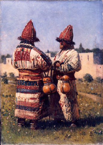 Vereschagin: Two Dervishes : <b>Vasili Vasilievich Vereschagin (1842-1904)</b>    Two Dervishes  signed with initials, oil on canvas     <i>49.5 by 35cm.</i>    Provenance:  Purchased by the previous owner at Sothebys in 1962.    Painted circa 1870 in Turkestan. Other images of dervishes by Vereschagin are to be found in both the Tretyakov Gallery in Moscow, and in the Russian Museum in St. Petersburg. A similar study, of a single dervish, 53 by 26cm., was sold at Sothebys London, The Russian sale, 19th December 1996, lot 102, for £38,900 (illustrated on the cover).  