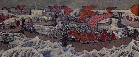 N. Roerich: Sea Battle:   <b>Nikolai Konstantinovich Roerich (1874-1947)</b>    The Sea Battle  reverse inscribed in the artists hand:  <i>N26 N53 Le Combat (Croquis pour Tableau) 6700 250 roubles</i>, gouache heightened with silver paint  <i>13 by 29.5cm</i>      A sketch for the oil painting of the same name in the Tretyakov Gallery, Moscow.    <i>  Provenance:</i>    The reverse affixed with an exhibition label for the Society of Russian Artists (calligraphy designed by Mikhail Vrubel), on which are inscribed the artists name, the title of the painting and the address to which the picture should be delivered at the end of the exhibition (i.e. the artists address): Moika 83, St. Petersburg.      Collection of the artist, Louis Horsch, Director of the Roerich Museum, New York    His gift to the Riverside Museum, Brandeis University, Massachusetts    Published:  Yu. K. Baltrischaytisa et al., Roerich, Petrograd 1916, p. 84, where it is described as being in the collection of the artist.    
