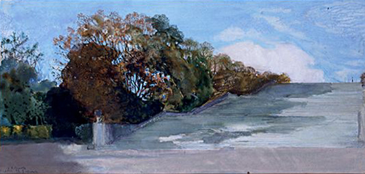 K. Somov:  Versailles:   <b>Konstantin Andreievich Somov (1869-1939)</b>The Park at Versailles  Signed, dated October 97 and inscribed Paris, watercolour and gouache over pencil  <i>22 by 46cm</i>      A watercolour of the Esplanade at Versailles, also dated 1897, is in the Tretyakov Gallery in Moscow.  Its format and size are similar (20 by 44cm.), see Irina Pruzhan, Konstantin Somov, Moscow, 1972, plate 13.  