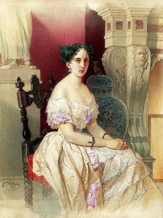 Hau Maria Alexandrovna: <b>Vladimir Ivanovich Hau (1816-1895)</b>    Portrait of the Empress Maria Alexandrovna (1824-1880), Consort of Alexander II, with the Heir Tsesarevich and Grand Duke Nikolai Alexandrovich (1843-1865) who wears a Russian shirt  signed, watercolour and white over pencil  <i>32 by 24cm</i>    <i>Provenance:</i>    By descent from the sitter to her daughter H.I.H. Grand Duchess Maria Nikolaievna, Duchess of Leuchtenberg;  H.H. Prince Georgii Maximilianovich, Prince Romanovsky, Duke of Luchtenberg (Collectors label on the reverse, with the number 107)  Michel Brodsky, Paris  Private Collection, London      Grand Duke Nikolai Alexandrovich, much esteemed as a sensitive and intelligent youth, died of consumption in Nice on the 12 April 1865.  His fiancée, Princess Dagmar of Denmark, then married his younger brother Alexander  