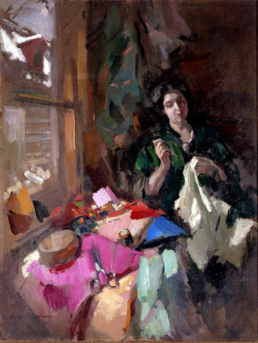 Korovin Seamstress: <b>Konstantin Alexeievich Korovin (1869-1939)</b>    Seamstress by a window  signed and dated 1923 (?), oil on canvas  <i>86.5 by 65cm.</i>    Provenance:     Purchased in Berlin or St. Petersburg in the 1920s most probably at en exhibition of Korovins paintings held in Berlin in 1923; see <i>Zhar Ptitsa</i>, Berlin, 1923, pp. 9-13.