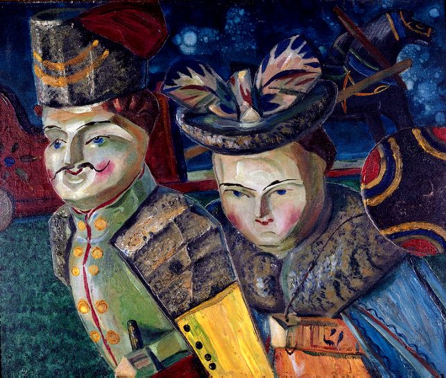 Dobouzhinsky Marionettes: <b>Mstislav Valerianovich Dobouzhinsky (1875-1957)</b>    Children's Toys    signed, oil on artist's board    Prominent member of the World of Art, and one of the greatest Russian draughtsmen, Dobouzhinsky was born in Novgorod and studied drawing at the Society for the Encouragement of the Arts in St. Petersburg (1885-7). Two years later, he left for Munich in order to study privately in the studios of A. Ajhbe and Sh. Kholoshi. Taught drawing at the Imperial Academy (1813-24) and in numerous other schools in St. Petersburg, Kaunas and Vitebsk; amongst his pupils was Marc Chagall to whom he consistently gave poor marks! In 1924, Dobouzhinsky left Russia for Lithuania, and eventually settling in Paris, London and New York where he died. Dobouzhinsky worked primarily for the theatre but also as a book illustrator and oil painter. He was most productive. But it is particularly his drawings, of urban landscapes of the 10's and 20's that are outstanding.  No other World of Art painter left behind such a convincing portrait of their beloved St. Petersburg, nor infused it with such a prophetic sense of melancholy.    
