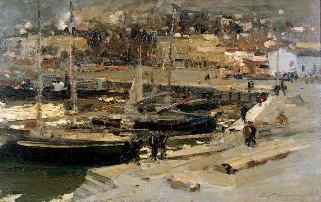 Korovin Yalta: <b>Konstantin Alexeievich Korovin (1861-1939)</b>    The Port at Yalta  signed, inscribed with title and dated 1909, oil on canvas laid down on board    <i>45 by 71cm.</i>    <i>Provenance: </i>    Bought by Mr. Erik Edenberg in Moscow between 1907 and 1910	    This painting shows the influence of Serov, a great friend, with whom Korovin had travelled to the north of Russia in 1894. For a discussion of this voyage, and the mutual influence of the two painters upon one another, see I. Grabar, Valentin Serov, Moscow 1915, pp.122-126.  