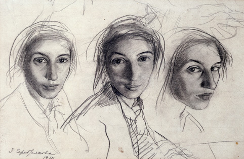 Zinaida Serebriakova: <b>Zinaida Evgenievna Serebriakova (1884-1967)</b>    Three Self Portraits    signed and dated 1914, pencil  <i>  26 by 39cm.</i>