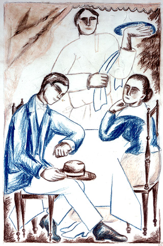 Goncharova Cafe: <b>Natalia Sergeievna Goncharova (1881-1962)</b>    The Cafe    studio stamp, coloured chalk over pencil    <i>40 by 28cm.</i>    <i>Provenance:</i>    Goncharova's studio; acquired from Madame Alexandra Tomilina, Larionov's widow.