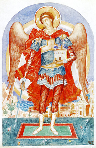 Petrov Vodkin Archangel: <b>Kuzma Sergeievich Petrov-Vodkin, (1878-1939)</b>    Archangel Michael    signed with initials and dated 1916, watercolour over pencil  <i>  50.5 by 43cm.</i>      <i>Provenance:</i>    Mstislav Dobouzhinsky, who received it as a gift from Petrov-Vodkin.    Born in Kvalynsk, Petrov-Vodkin's first exposure to art was from a local icon painter whom he used to watch as a child. He made his formal studies at Baron Stieglitz school in St. Petersburg and at the School of Painting, Sculpture and Architecture in Moscow. He also studied privately abroad, in Munich (1901) and in Paris (1905-8). Member of the World of Art and the Four Arts, he lived, worked and died in St. Petersburg (Leningrad) where he taught at the Academy. A brilliant painter and draughtsman, he created a very distinctive and original style, in which he incorporated elements of Russian icon painting in both his treatment of form and his use of flat colour planes.  