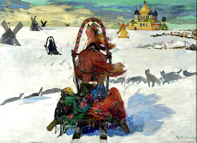 Maliavin Winter Sleigh: 	<b>Filip Andreievich Maliavin (1869-1940)</b>	    Winter Sleigh  	signed, oil on canvas    	<i>65 by 92cm.</i>