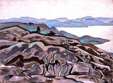 Roerich: Ladoga Cliffs: <b>Nikolai Konstantinovich Roerich (1874-1947)</b>    Rocks and Cliffs near Lake Ladoga    signed with monogram and dated 1918, pastel    <i>24 by 31cm.</i>