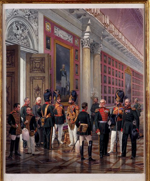 Balashov Winter Palace: <b>Karl Karlovich Piratsky (1813-1871)</b>    Courtiers and military personnel in the Portrait Gallery dedicated to the historic victory over Napoleon and the French invasion in the Winter Palace, St. Petersburg  signed, watercolour over pencil  <i>43 by 36cm</i>    <i>Provenance:</i>    Private Collection, Paris      This watercolour was used as the basis for a lithograph and may also have served as a model for a porcelain plaque or the cavetto of a plate from a military service produced by the imperial porcelain manufactory.  