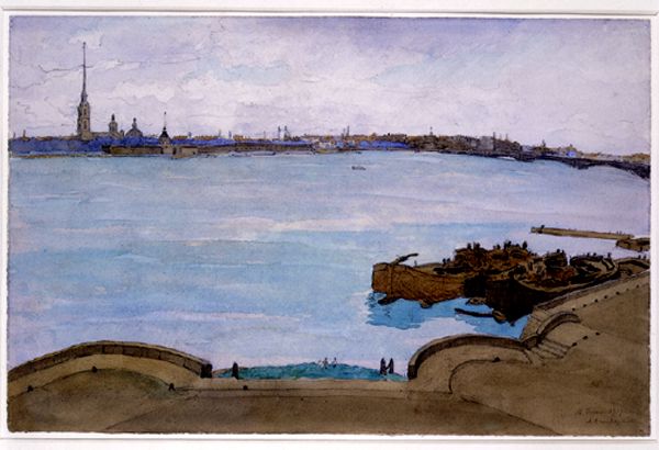 Ostroumova Lebedeva:   <b>Anna Petrovna Ostroumova-Lebedeva (1871-1955)</b>	    A Panorama of St. Petersburg  signed and dated 12th  June 1919, watercolour over pencil    <i>31 by 48cm	</i>					      Painted from the Palace Embankment and looking across towards the Peter and Paul Fortress.  