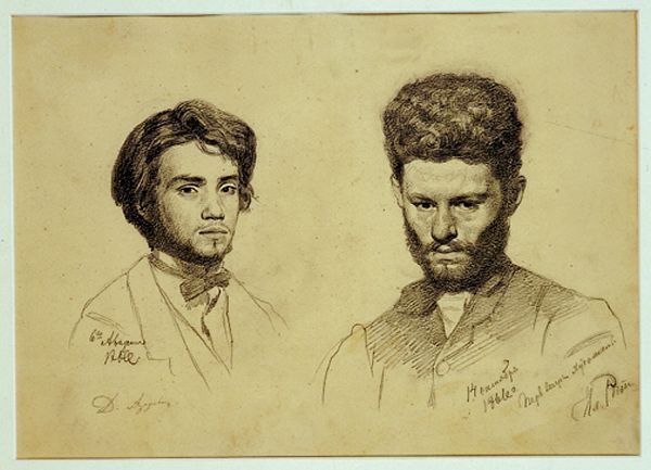 Repin Antokolsky: <b>Ilya Efimovich Repin (1844-1930)</b>    Portrait of the sculptor Mark Matveich Antokolsky (1843-1902) and Dimitri Ivanovich Azarevich  signed and dated 14 October 1866, pencil  <i>28.5 by 36.5cm</i>    <i>Published and exibited:</i>    <i>Ilya Efimovich Repin</i>, Centenary Exhibition held in the Tretyakov Gallery and the Russian Museum, Catalogue, Moscow 1994, illustration no. 14.      Antokolsky, the celebrated sculpture, was a friend of Repin and a fellow student at the Imperial Academy.  Azarevich, a student of Petersburg University, was destined to become a lawyer, historian and author of books on the history of Russian law.  This drawing was made while Repin worked at the Academy.  
